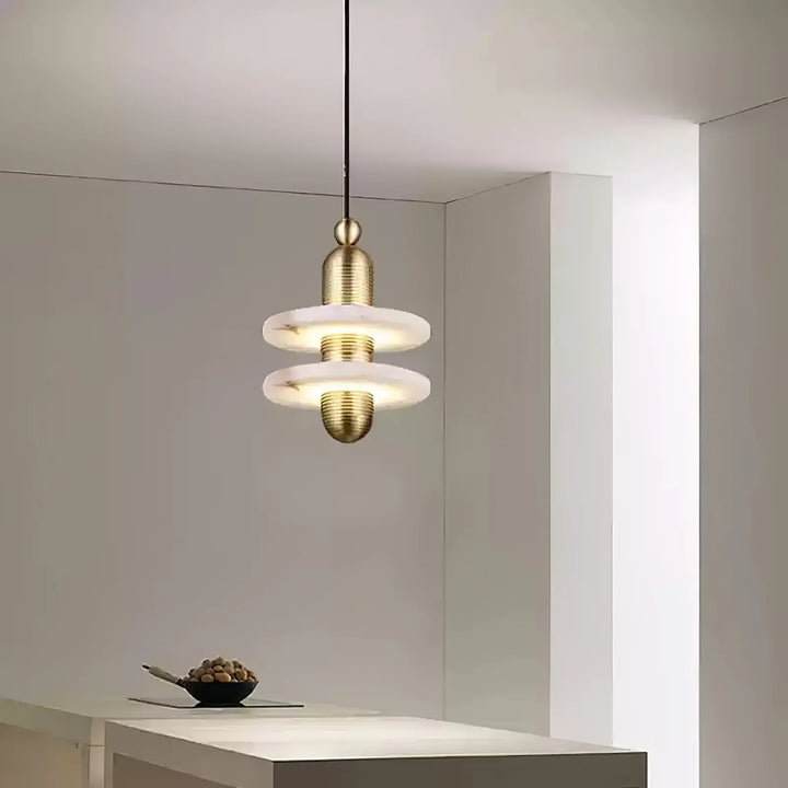 Saturn pendant light modern lighting with a double marble design shown in a sleek hanging view