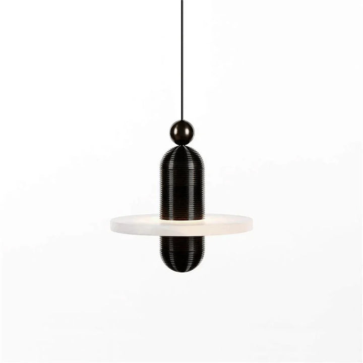 Saturn pendant light modern lighting with a single marble design shown in an elegant hanging view