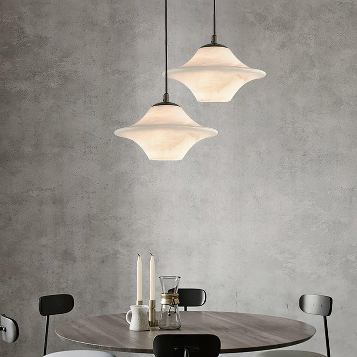 Saucer Alabaster Pendant Light hanging over dining table modern elegant ceiling lamp for interiors