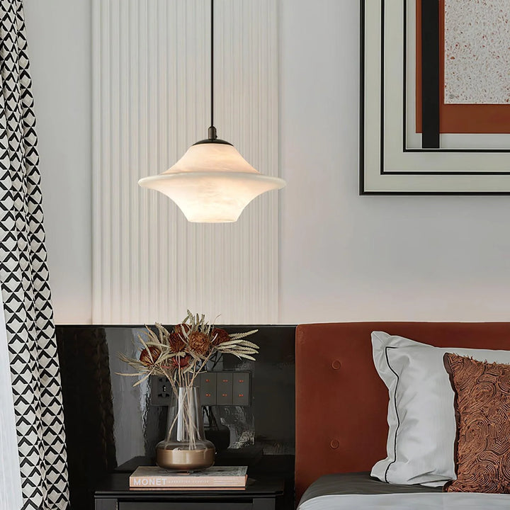 Bedside view of Saucer Alabaster Pendant Light hanging modern stylish ceiling lamp for interiors