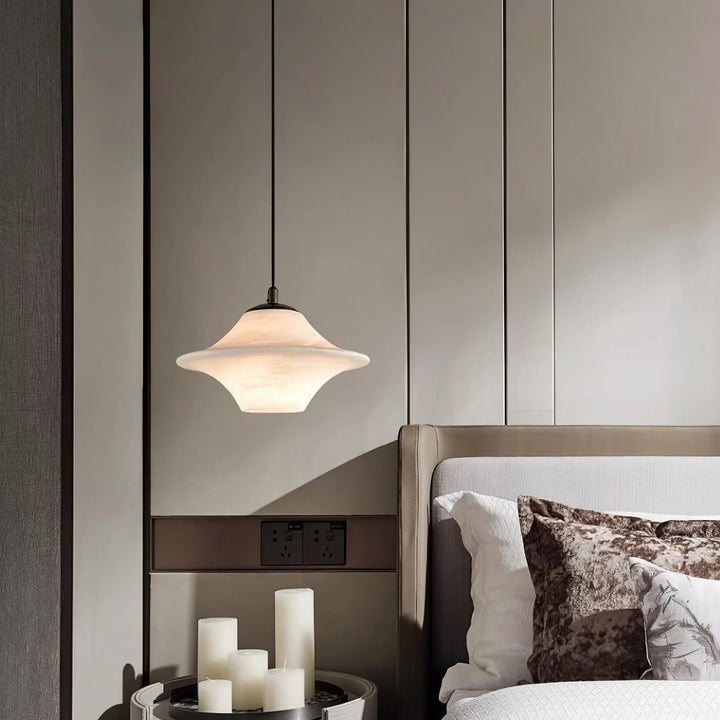 Saucer Alabaster Pendant Light bedside hanging view modern elegant ceiling lamp for bedroom decor