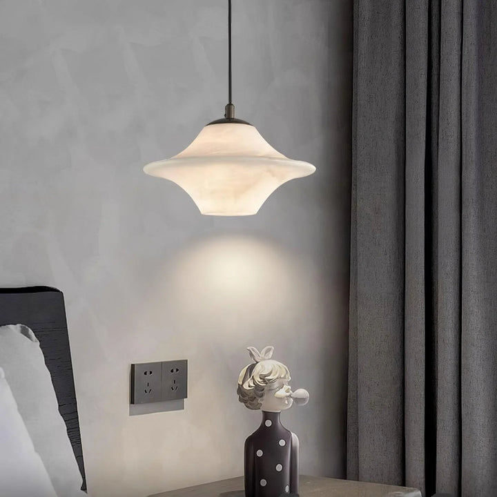 Saucer Alabaster Pendant Light bedside hanging view modern elegant ceiling lamp for bedroom decor