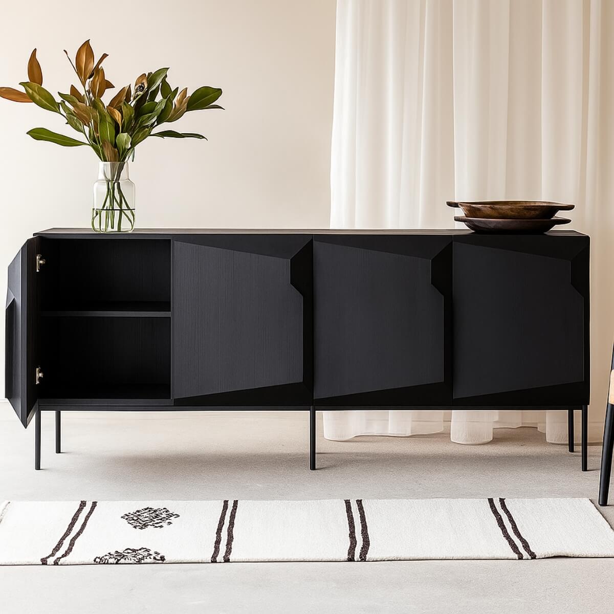 Front-facing view of Scala sideboard in solid oak with black luxury finish, featuring minimalist design and spacious storage