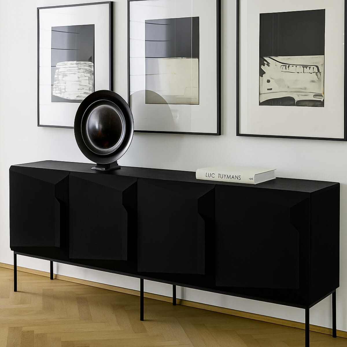 Open view of Scala solid oak sideboard with black luxury finish, displaying interior storage compartments and shelves