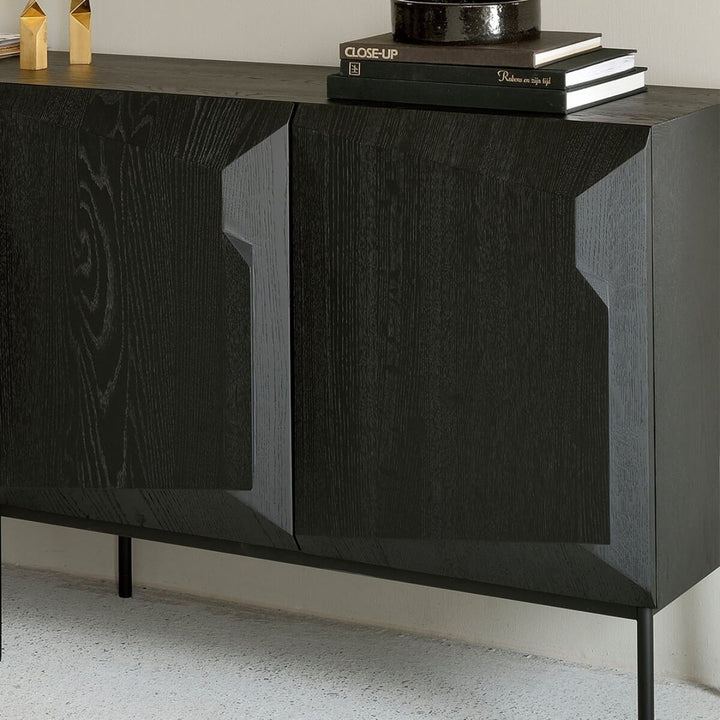 Detailed view of Scala solid oak sideboard with black luxury finish, showcasing drawer construction and craftsmanship