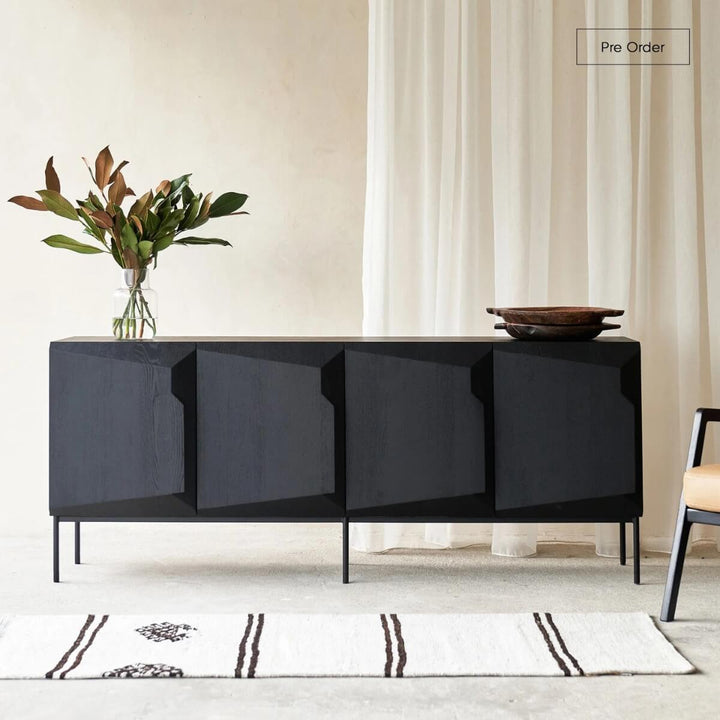 Close-up view of Scala luxury sideboard in solid oak with black finish, highlighting texture and craftsmanship
