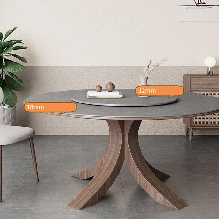Scandinavian round dining table with ash wood base, featuring rotating two-part partition for versatile use