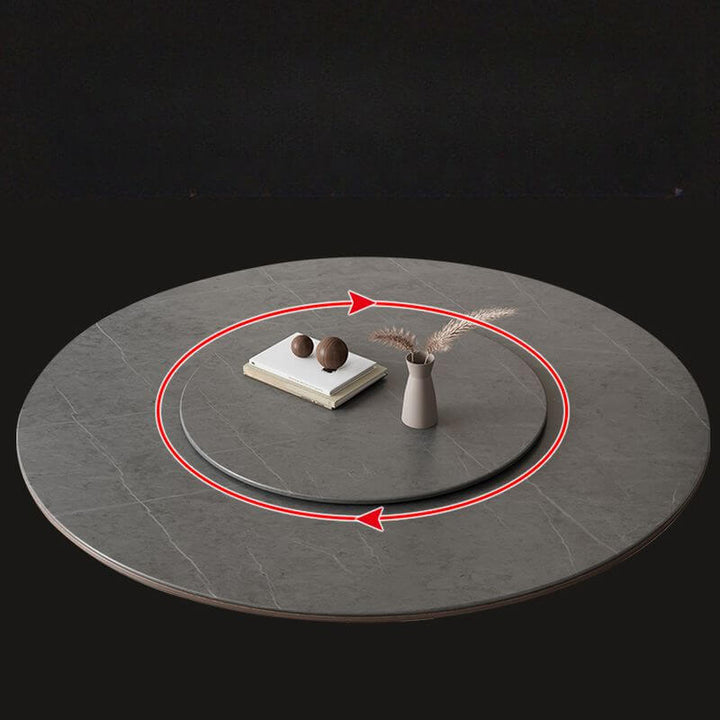 Top view of Scandinavian round dining table with ash wood base showing rotation mechanism and dimensions for two-part partition