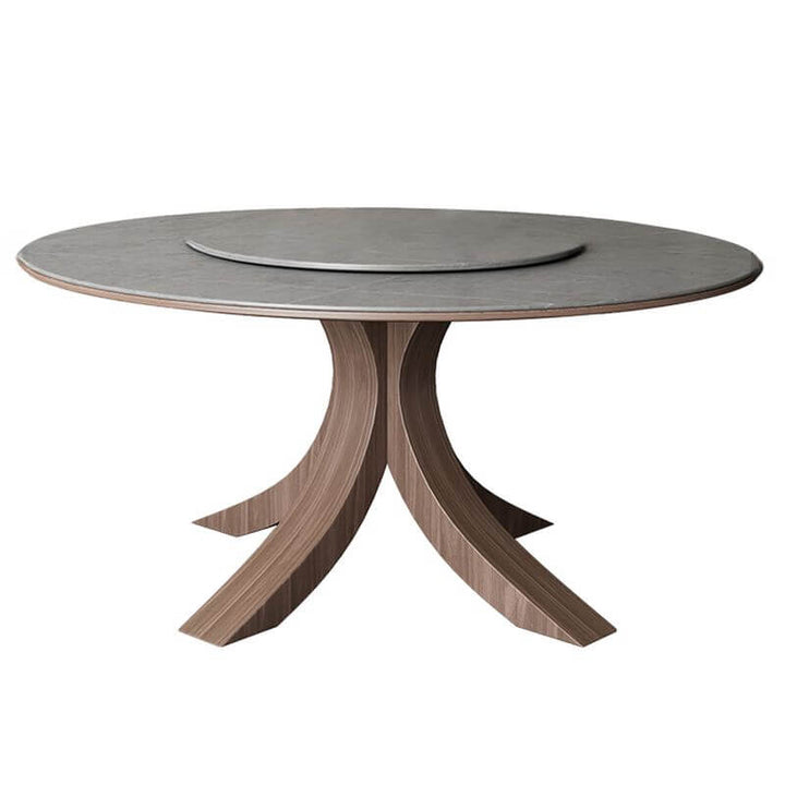 Front view of Scandinavian round dining table with ash wood base showcasing minimalist design and natural wood finish