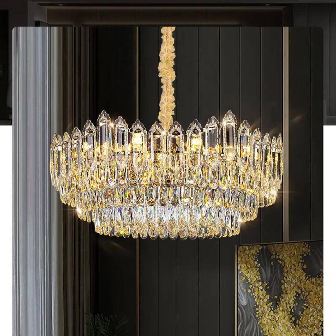 Front View of Shine Gold Chandelier Light with Natural Crystal Glass – Elegant Modern Fixture