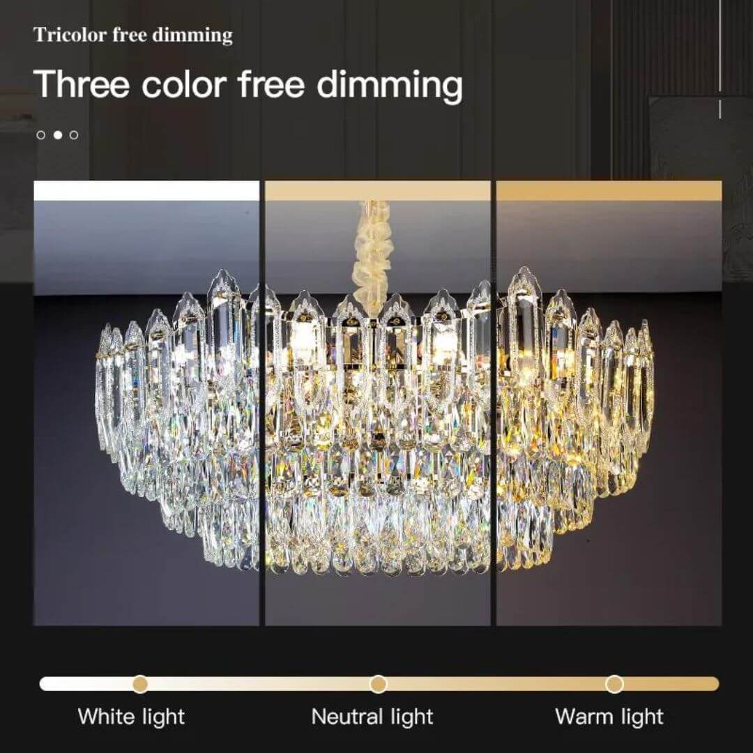 Shine Gold Chandelier Light with Tricolor Free Dimming – White, Neutral, and Warm Light Modes