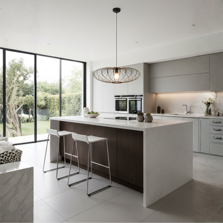 Silklush large modern black elegance pendant light hanging above kitchen island in contemporary setting