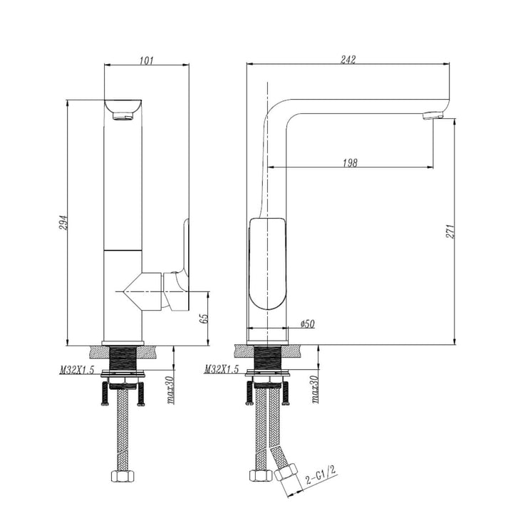 Measurement diagram of Skinsrith Eclipse kitchen mixer faucet, showing detailed dimensions and modern ergonomic design