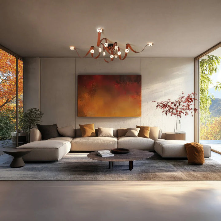 Snaps alabaster pendant light ceiling view in living room with gold metal accents, modern elegant design