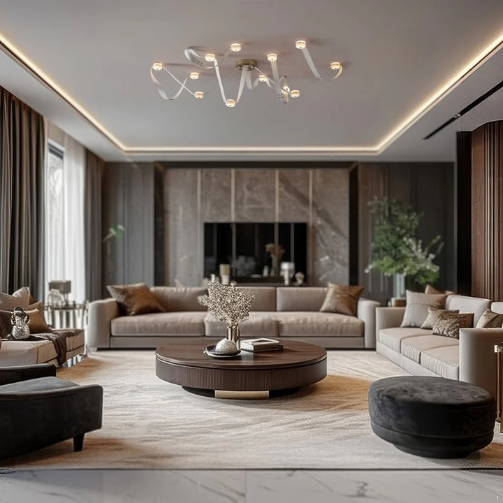Snaps alabaster pendant light in living room view with gold metal accents, modern elegant lighting design