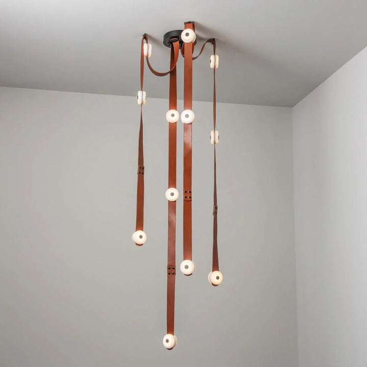 Snaps alabaster pendant light hanging view with gold metal accents, modern elegant lighting fixture