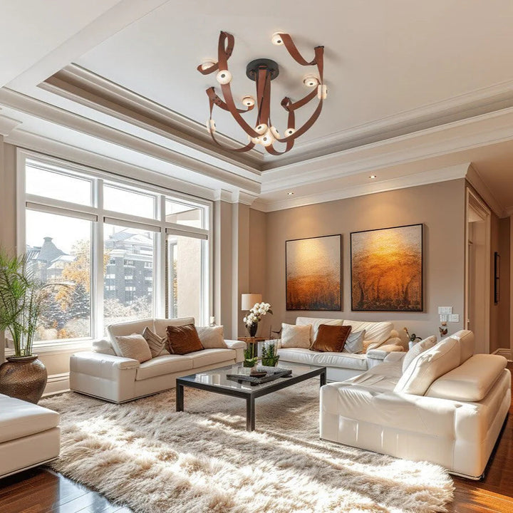 Snaps alabaster pendant light ceiling view in living room with gold metal accents, modern elegant lighting