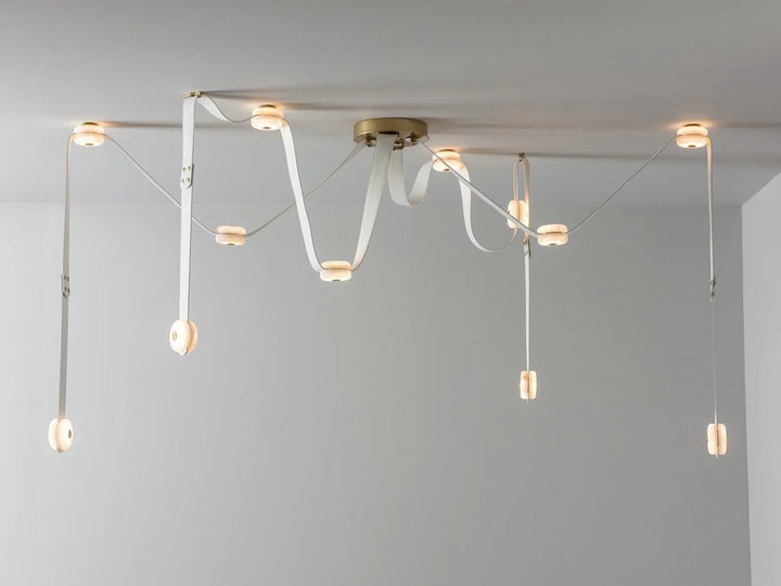 Snaps alabaster pendant light front hanging view with gold metal accents and alabaster shade, modern elegant design