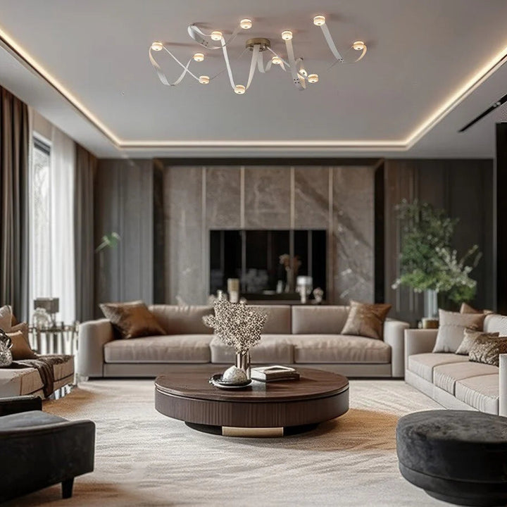 Snaps alabaster pendant light front view in living room with gold metal accents and alabaster shade, modern elegant design