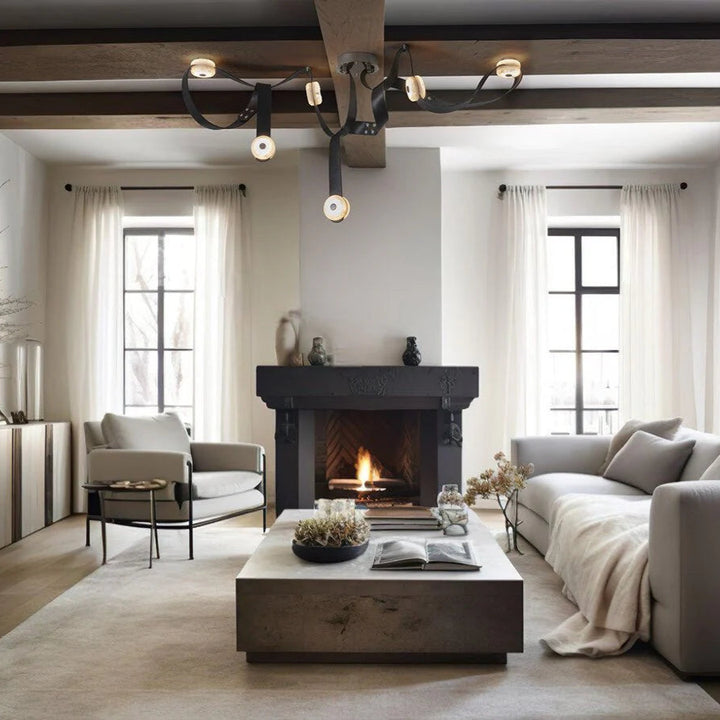 Snaps alabaster pendant light front view in living room with gold metal accents and alabaster shade, modern elegant design