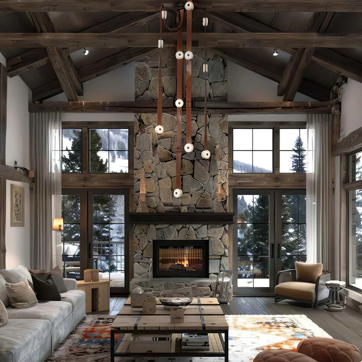 Snaps alabaster pendant light front view in living room, elegant marble design for modern interiors