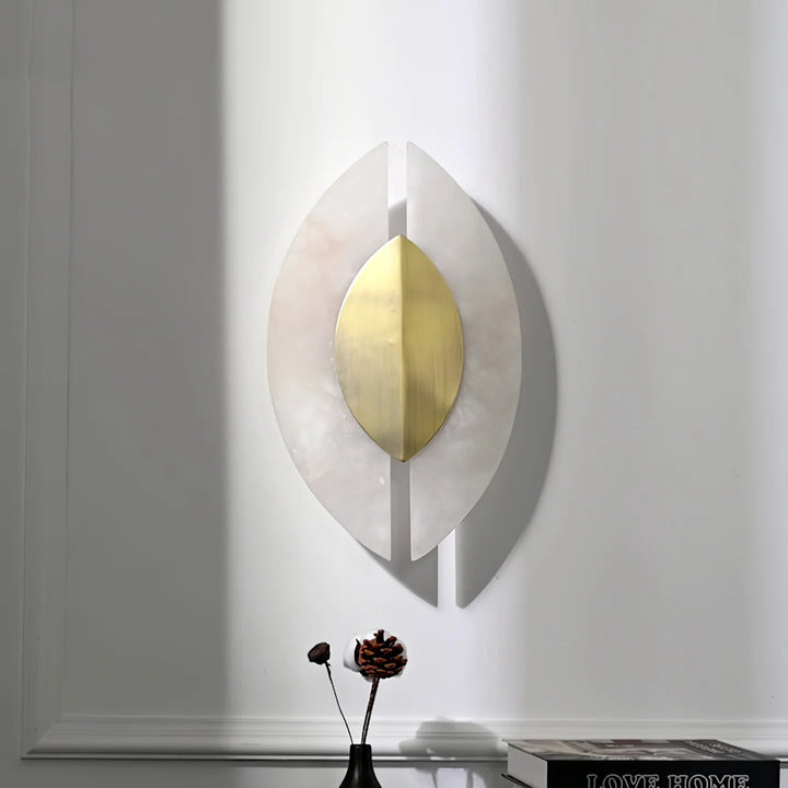 Solari alabaster leaf sconce front view, modern elegant decorative wall light for stylish interiors