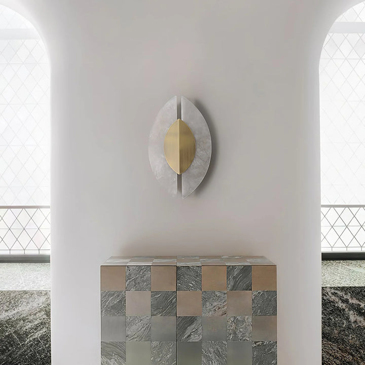 Solari alabaster leaf sconce balcony view, modern elegant decorative wall light for stylish exteriors