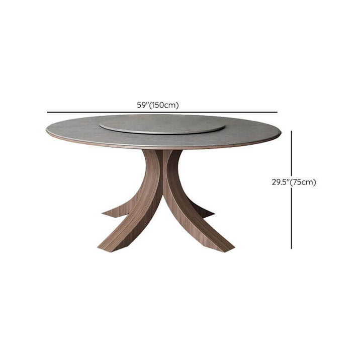 Front view of Scandinavian round dining table with ash wood base showing overall dimensions and sleek minimalist design