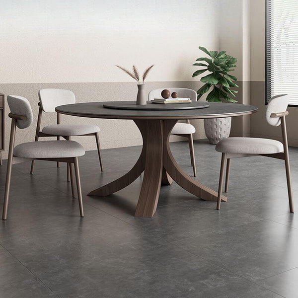 Solid wood dining table with built-in Lazy Susan, side view showcasing natural wood grain and functional design