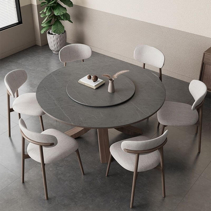 Top view of solid wood dining table with integrated Lazy Susan, highlighting natural wood grain and circular design