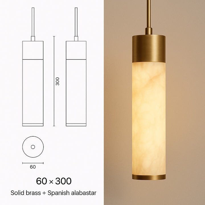 Spanish alabaster and brass cylinder pendant light – 60x300mm modern hanging fixture with elegant warm glow.