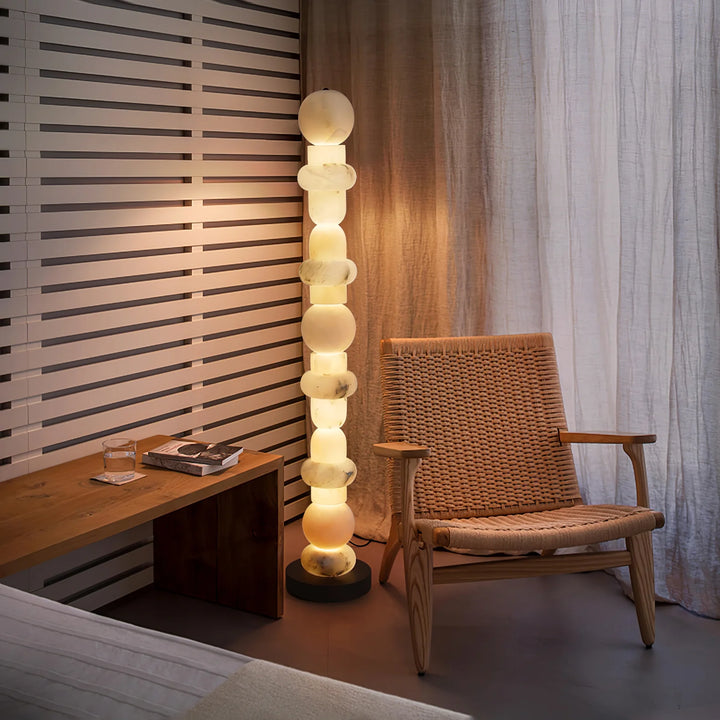 Spanish alabaster floor lamp in living room corner for elegant and ambient home lighting