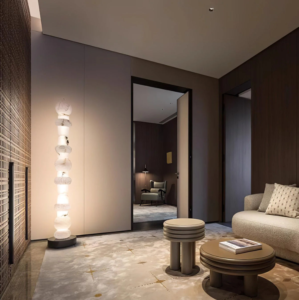 Modern Spanish alabaster floor lamp placed in living room corner for stylish décor
