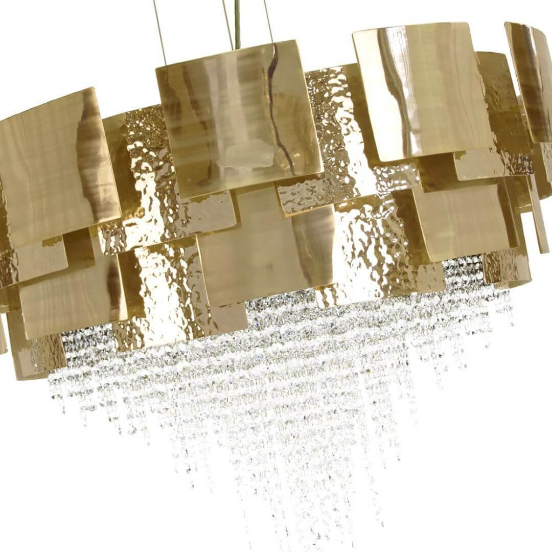 Detailed Close-Up of Spark Gold Crystal Chandelier Light – Elegant Modern Lighting Design