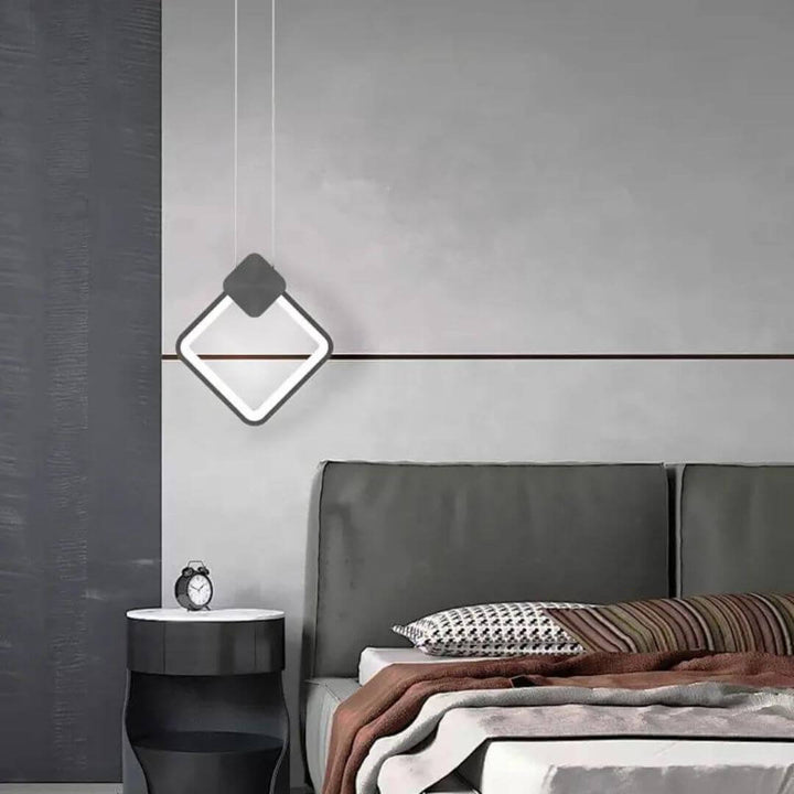 Sparkle Square LED Pendant Lights Hanging Above Bedside Table – Contemporary Bedroom Light