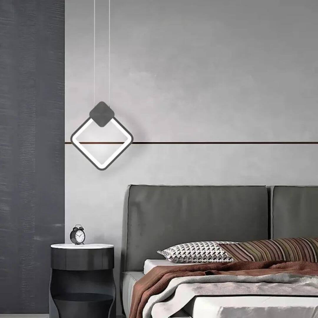 Sparkle Square LED Pendant Lights Hanging Above Bedside Table – Contemporary Bedroom Light