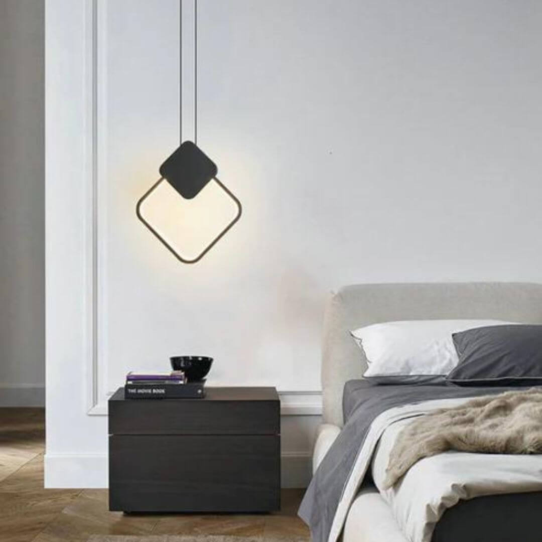 Sparkle Square LED Pendant Lights Above Bedside Table – Stylish Bedroom Lighting Idea