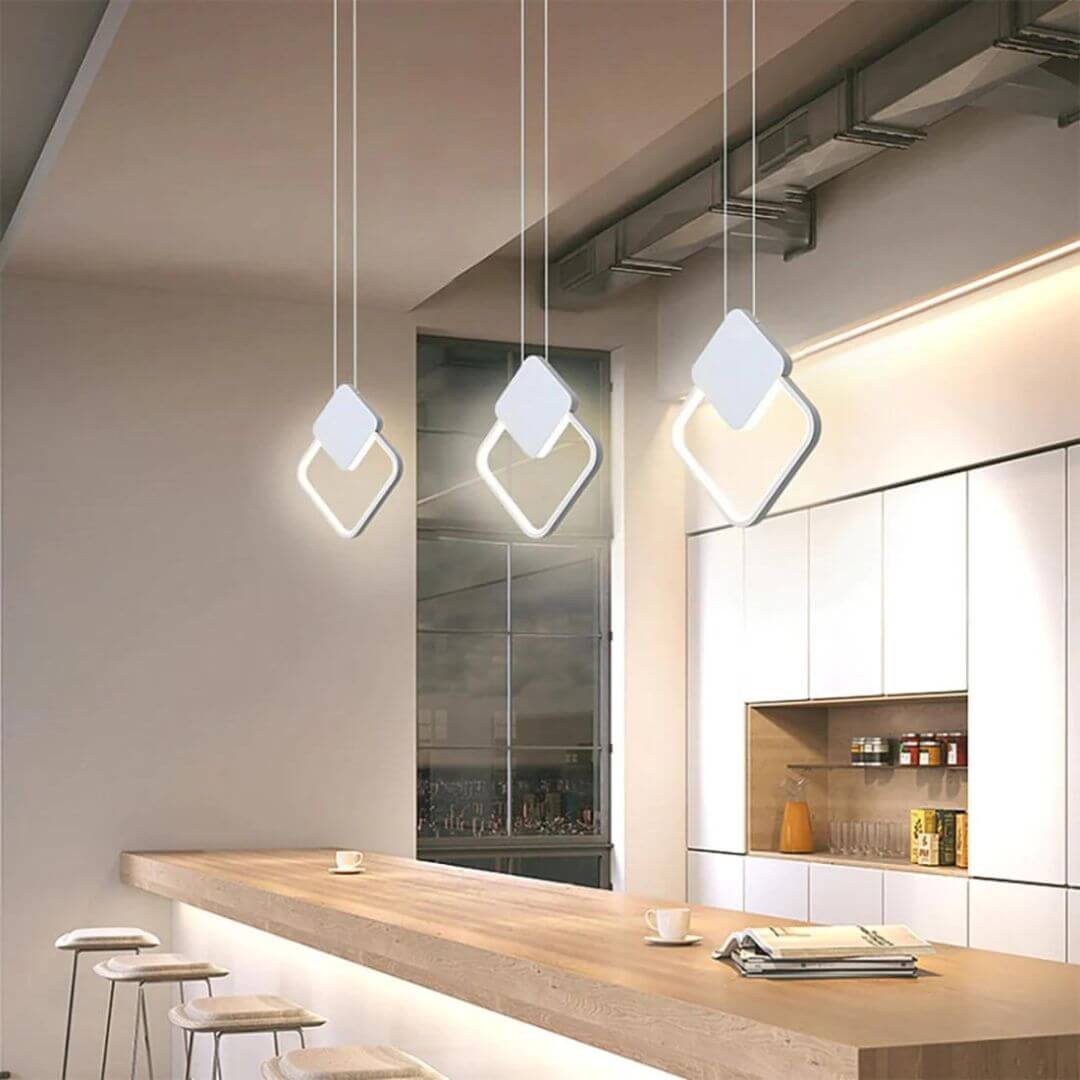 Sparkle Square LED Pendant Lights Hanging Above Kitchen Table – Stylish Lighting Fixture