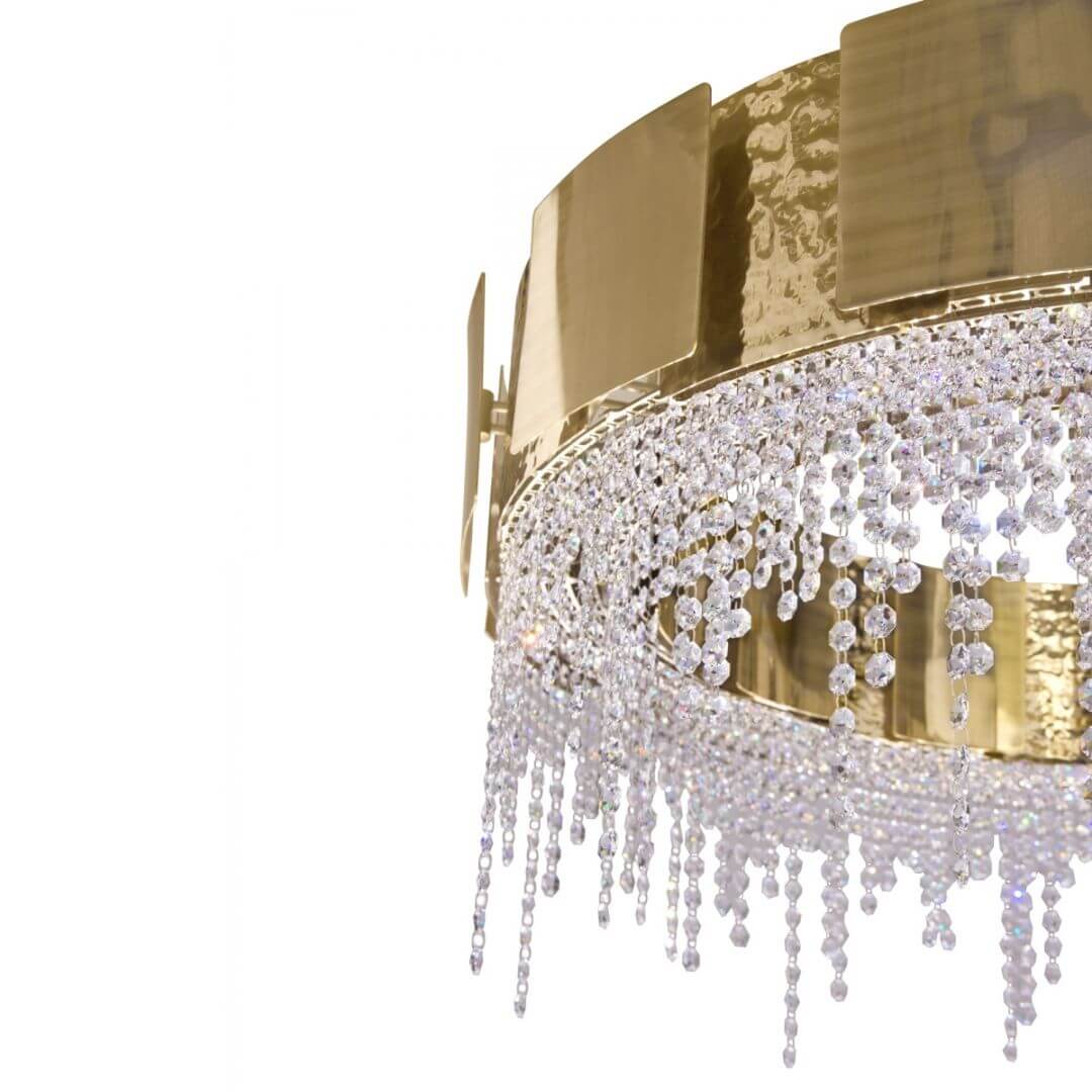 Close-Up Detail View of Spotlight Gold Crystal Chandelier Light – Luxurious Modern Lighting Fixture