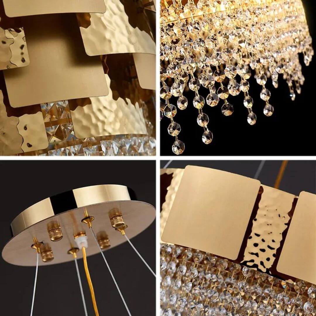 Close-Up Detail of Four Spots on Spotlight Gold Crystal Chandelier Light – Modern Elegant Design