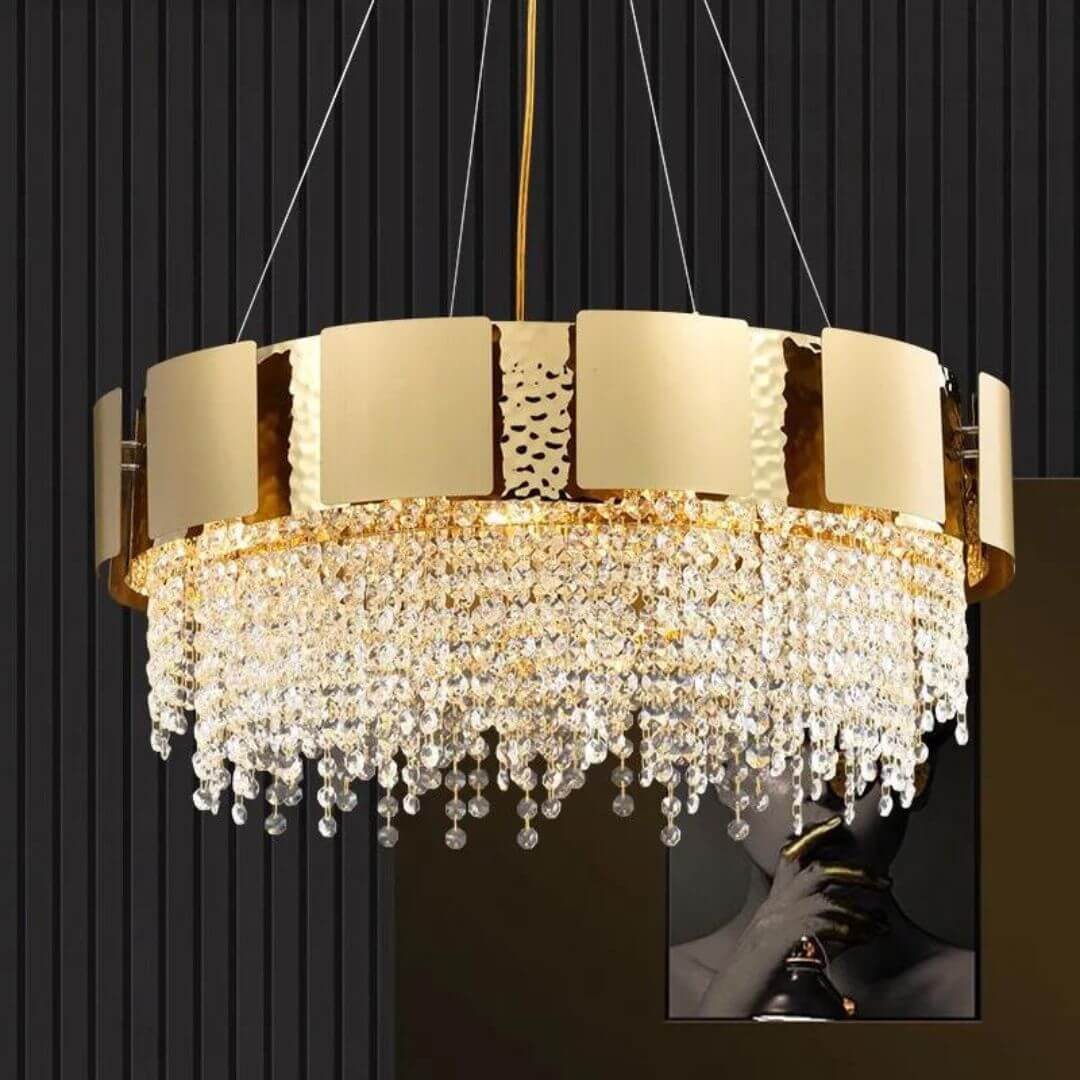 Front View of Spotlight Gold Crystal Chandelier Light – Elegant Modern Ceiling Lighting Fixture