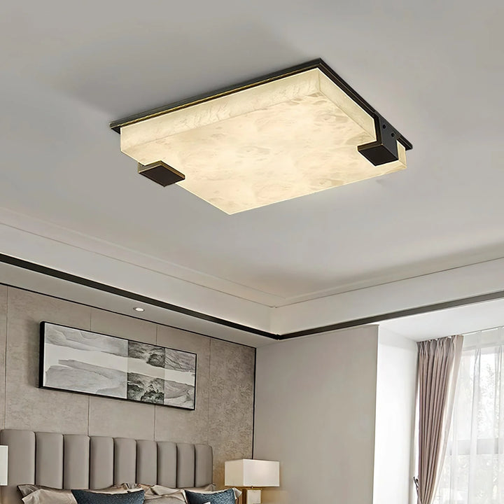 Modern square alabaster ceiling lamp in stylish bedroom lighting setup
