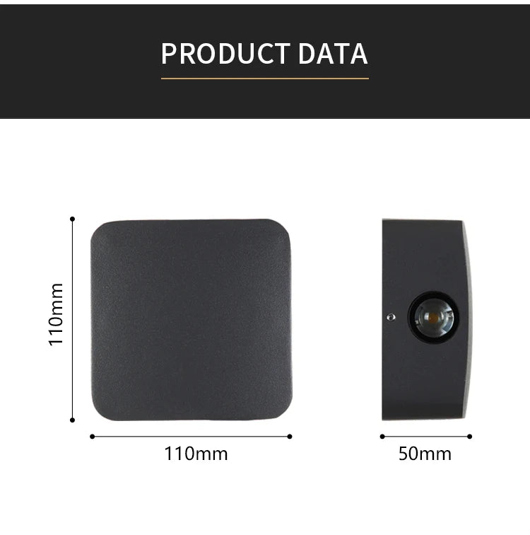 Square outdoor waterproof LED light IP65, black finish, modern exterior wall lighting