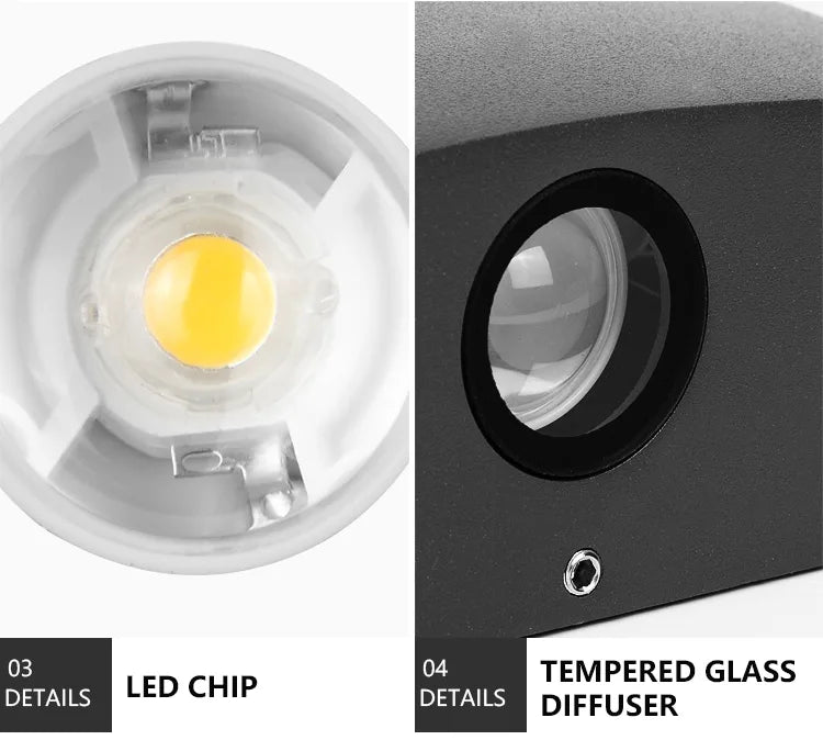  Square outdoor waterproof LED light, tempered glass diffuser, modern IP65 exterior lighting