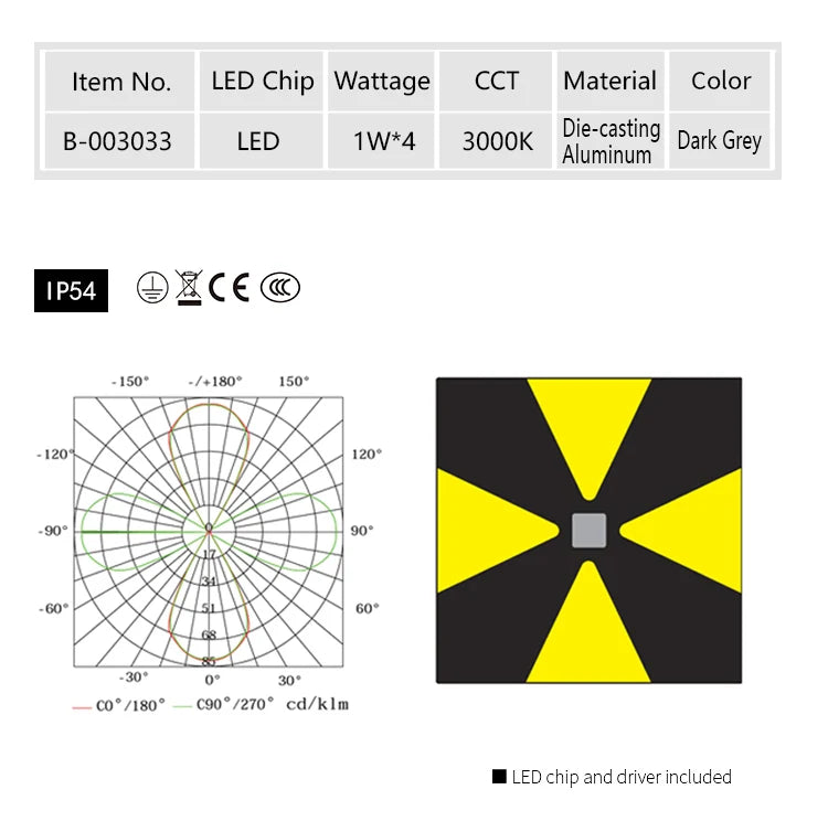 Square outdoor waterproof LED light 4W 3000K dark grey, die-casting aluminum, IP65 exterior fixture