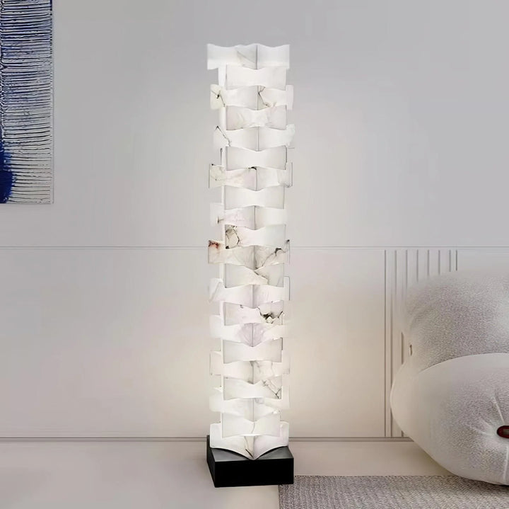 Stacked alabaster squares floor lamp in living room, stylish modern lighting fixture for home décor