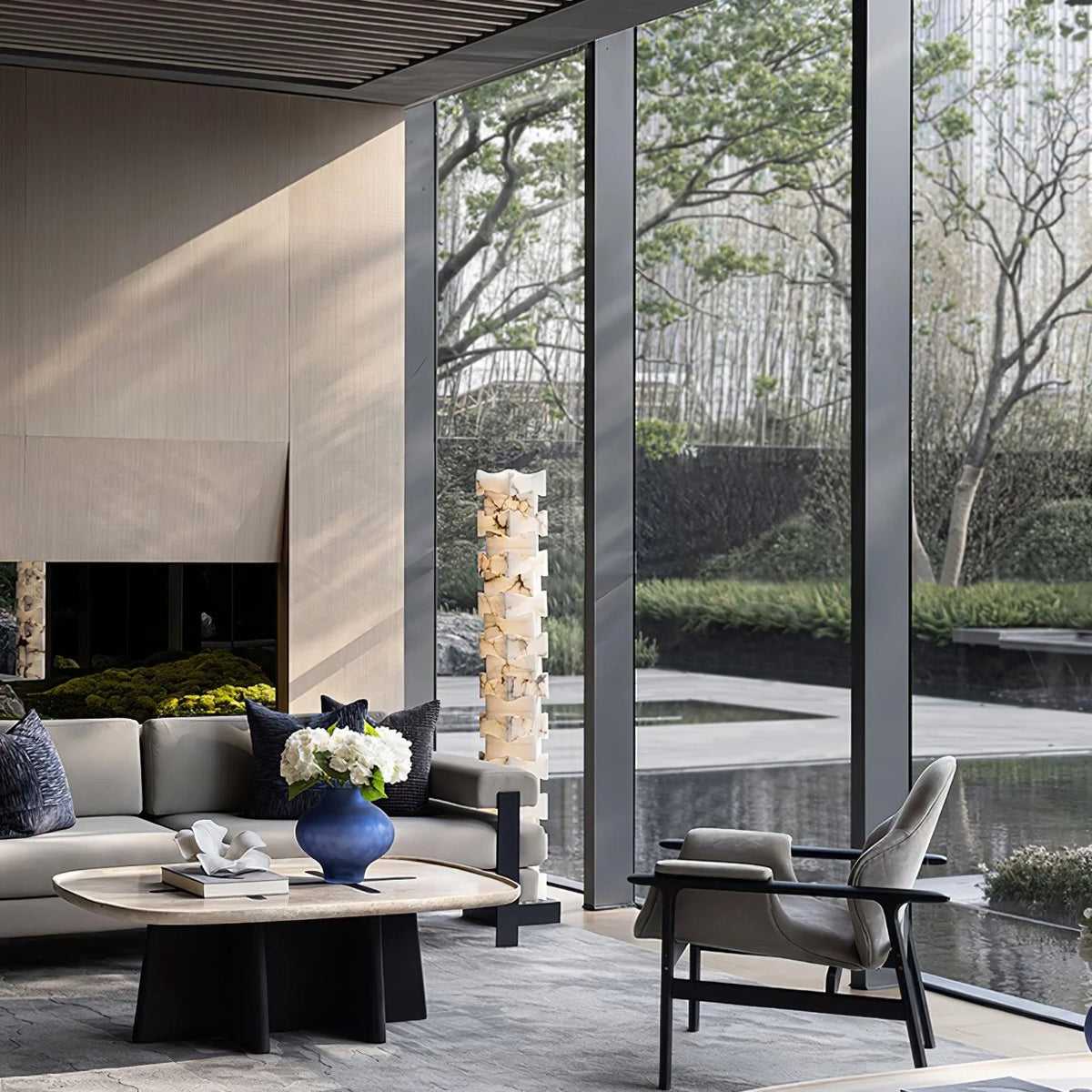 Stacked alabaster squares floor lamp in luxury living room, modern elegant lighting fixture for décor