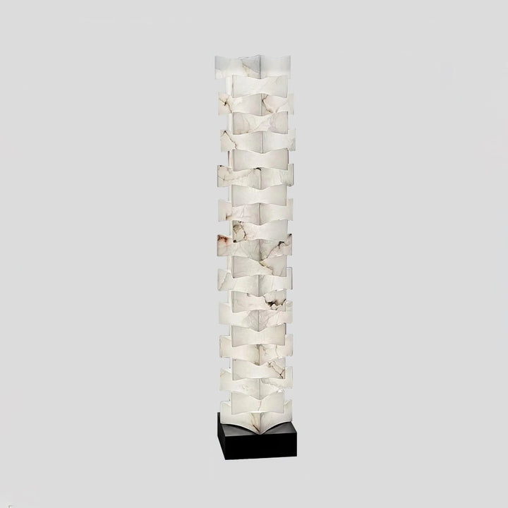 Front view of stacked alabaster squares floor lamp, modern elegant lighting fixture for home décor