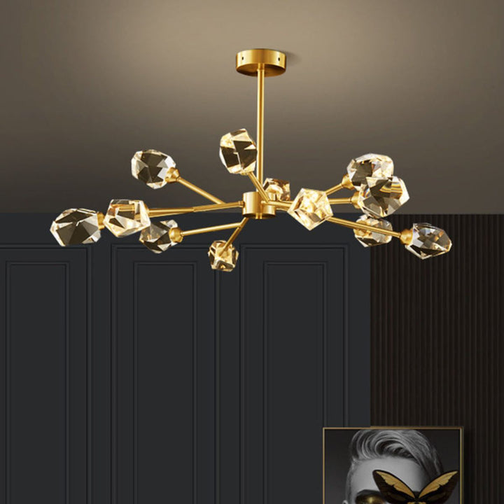 Starburst diamond-shaped chandelier light in living room, creating a dazzling and luxurious atmosphere