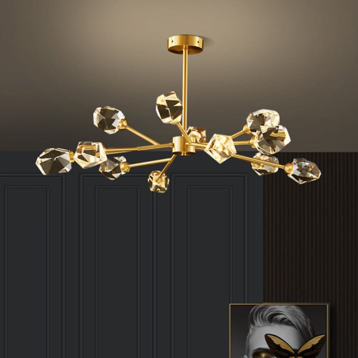 Starburst diamond-shaped chandelier light with striking design, adding glamorous sparkle to interiors